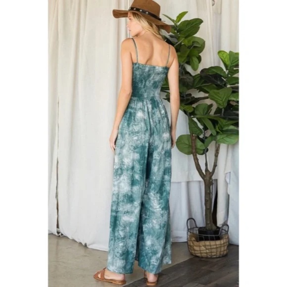 SOLD OUT Green Tie Dye Wide Palazzo Flare Leg Smocked Bohemian Casual Jumpsuit - Picture 13 of 13